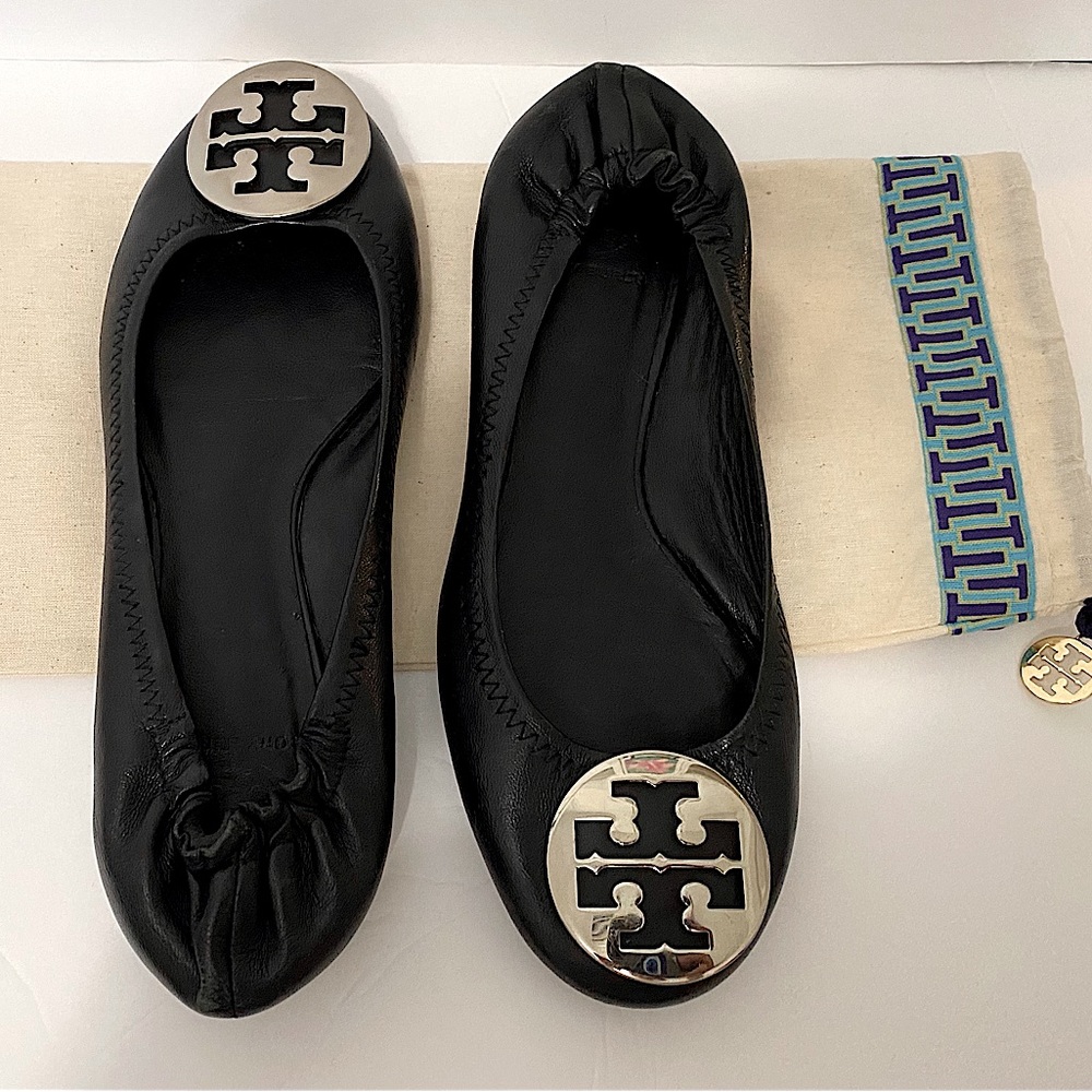 Tory Burch Black Leather Ballet Flats Silver Tory Logo Size 8.5 M